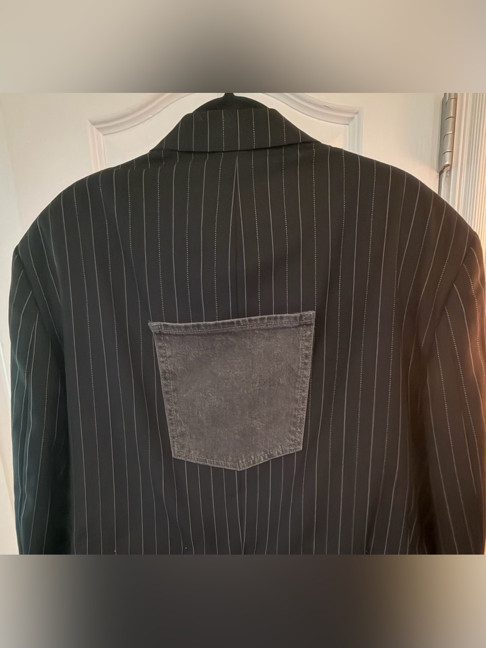 Upcycled  Black Pinstriped Cropped Blazer with Denim Patch Accents size 2X - Picture 4 of 4